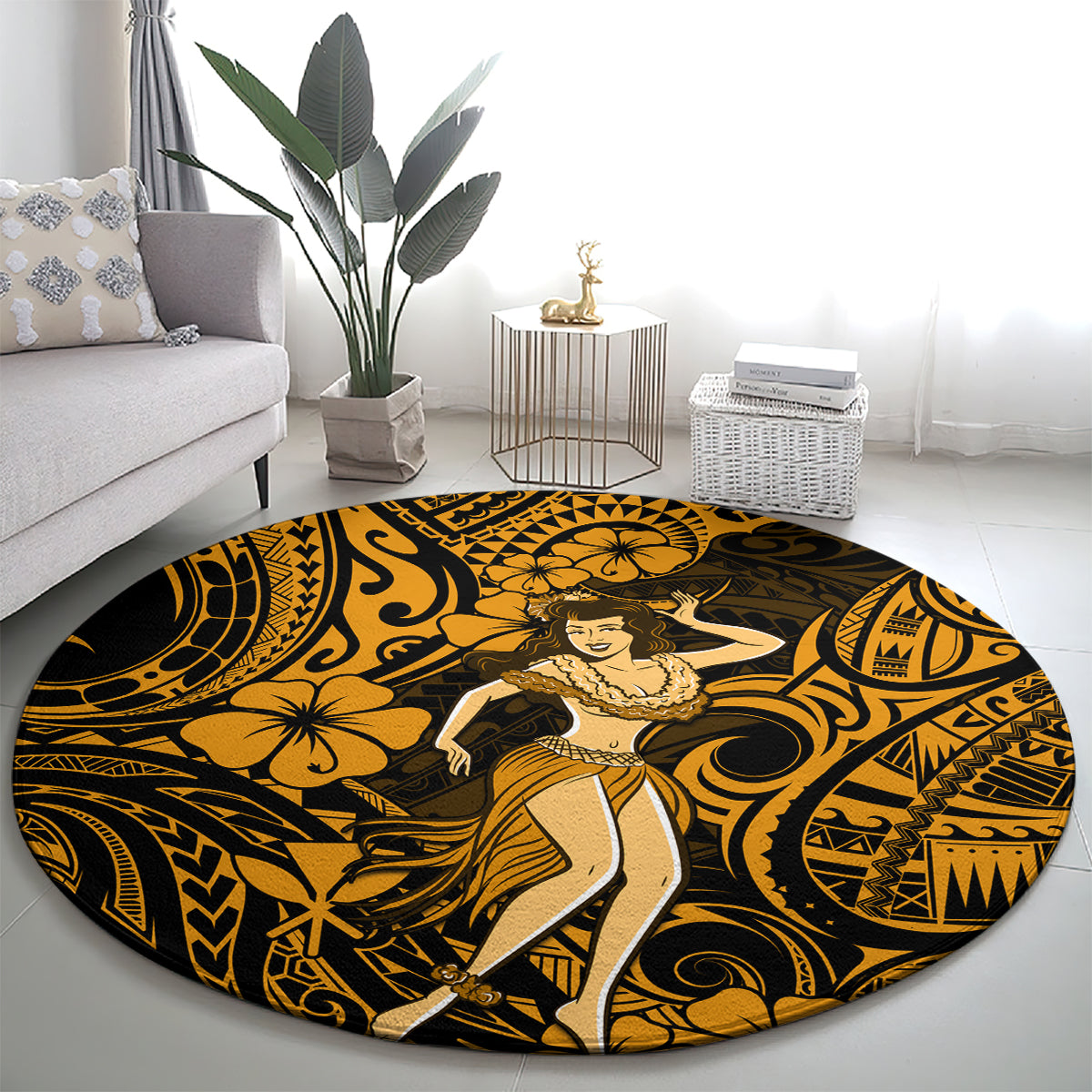 hawaii-hula-girl-round-carpet-polynesian-pattern-gold-version
