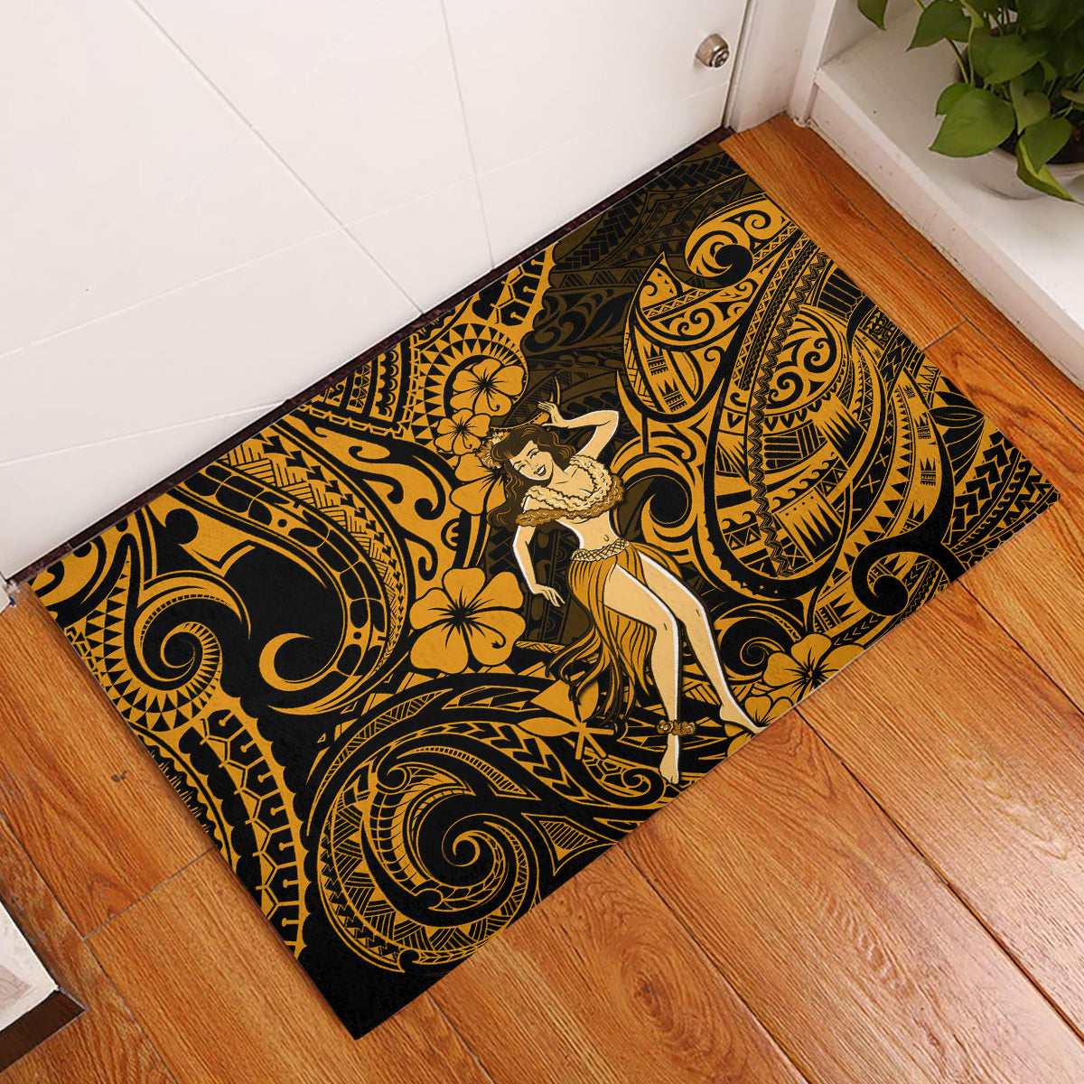 Hawaii Hula Girl Rubber Doormat Polynesian Pattern Gold Version - Wonder Print Shop