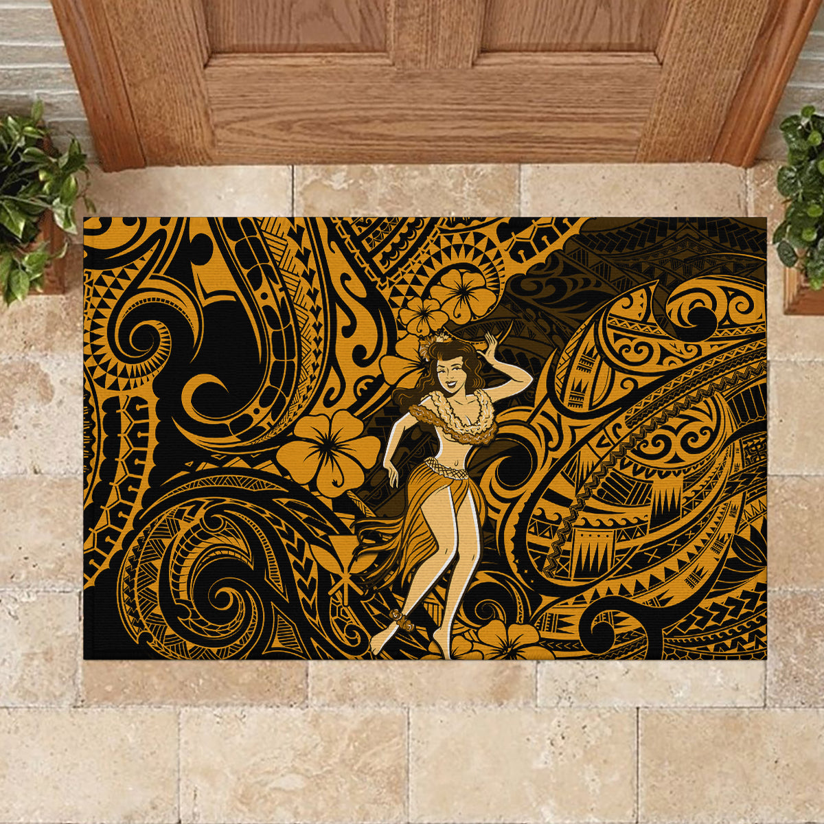 Hawaii Hula Girl Rubber Doormat Polynesian Pattern Gold Version - Wonder Print Shop