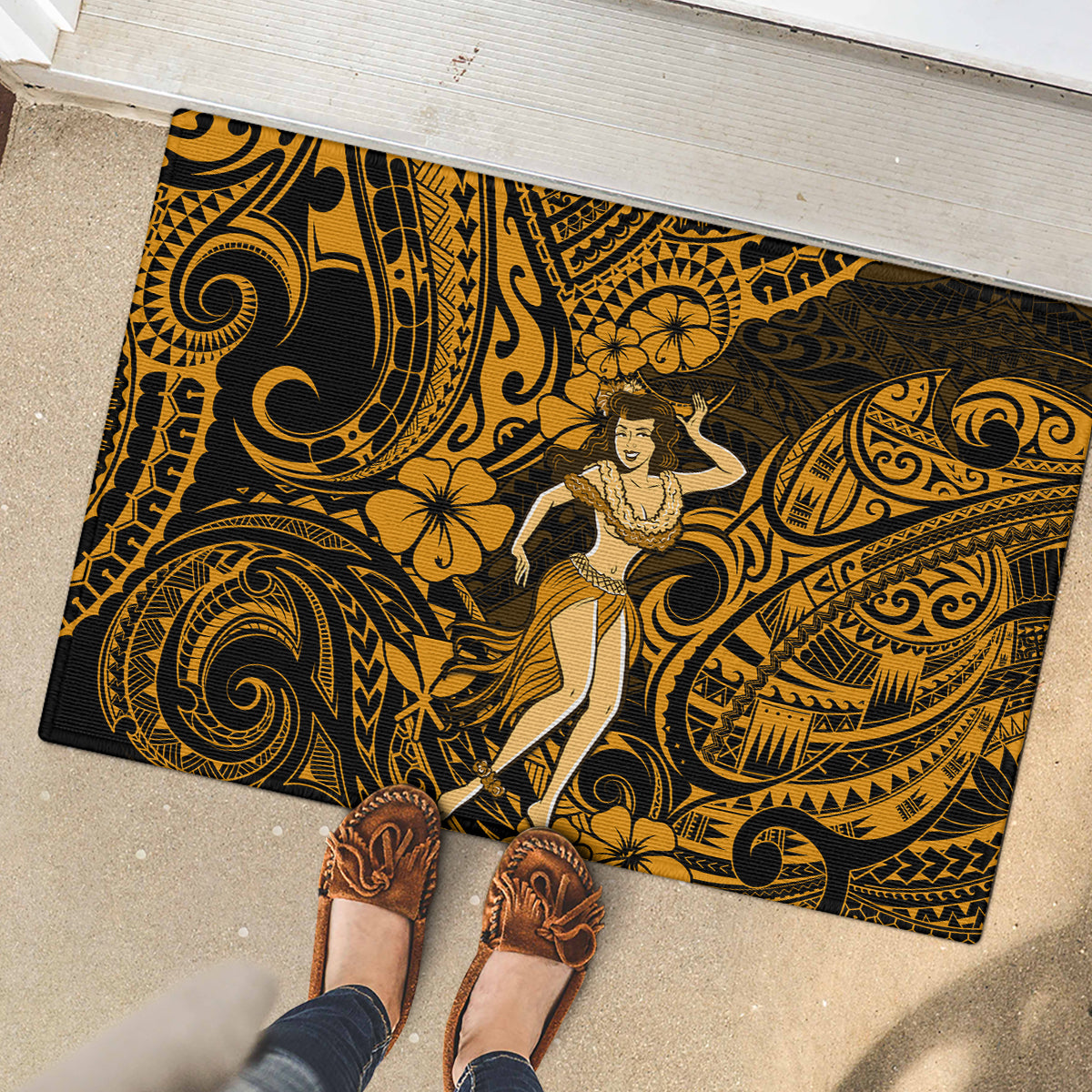 Hawaii Hula Girl Rubber Doormat Polynesian Pattern Gold Version - Wonder Print Shop