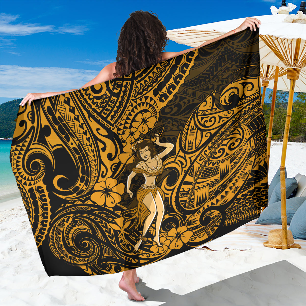 Hawaii Hula Girl Sarong Polynesian Pattern Gold Version - Wonder Print Shop