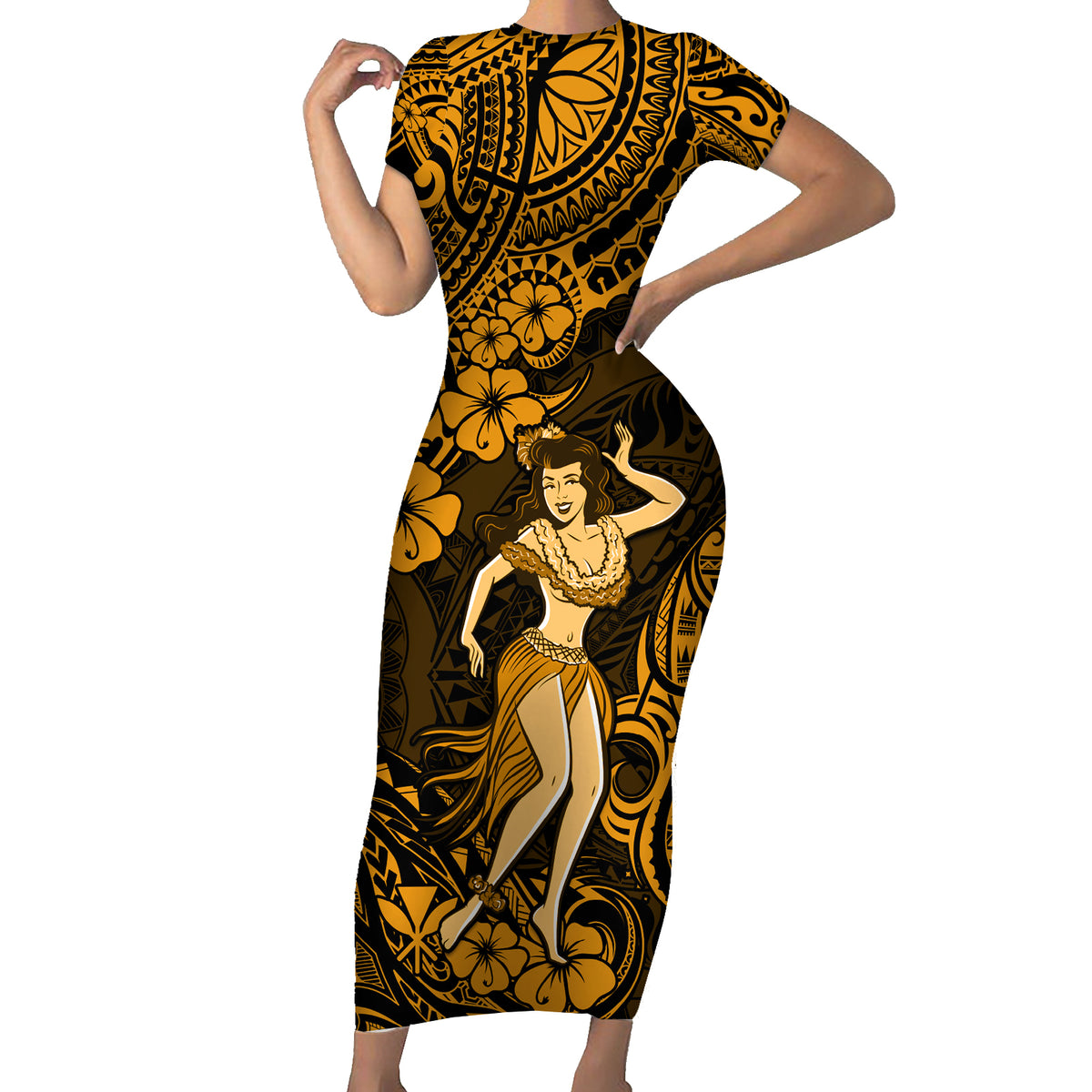 Hawaii Hula Girl Short Sleeve Bodycon Dress Polynesian Pattern Gold Version - Wonder Print Shop