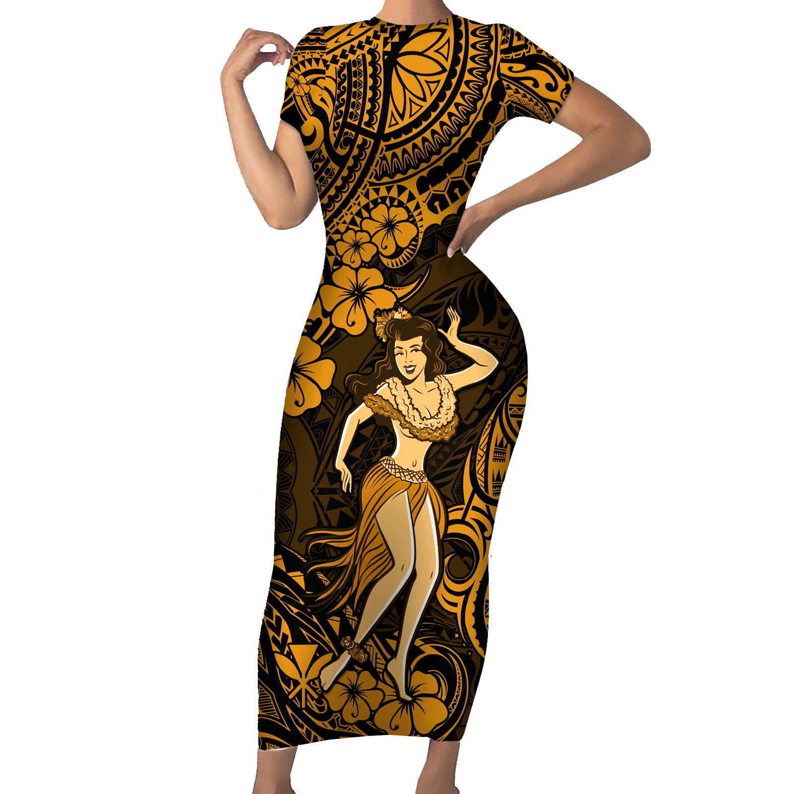 Hawaii Hula Girl Short Sleeve Bodycon Dress Polynesian Pattern Gold Version - Wonder Print Shop