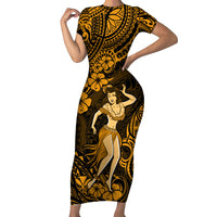 Hawaii Hula Girl Short Sleeve Bodycon Dress Polynesian Pattern Gold Version - Wonder Print Shop