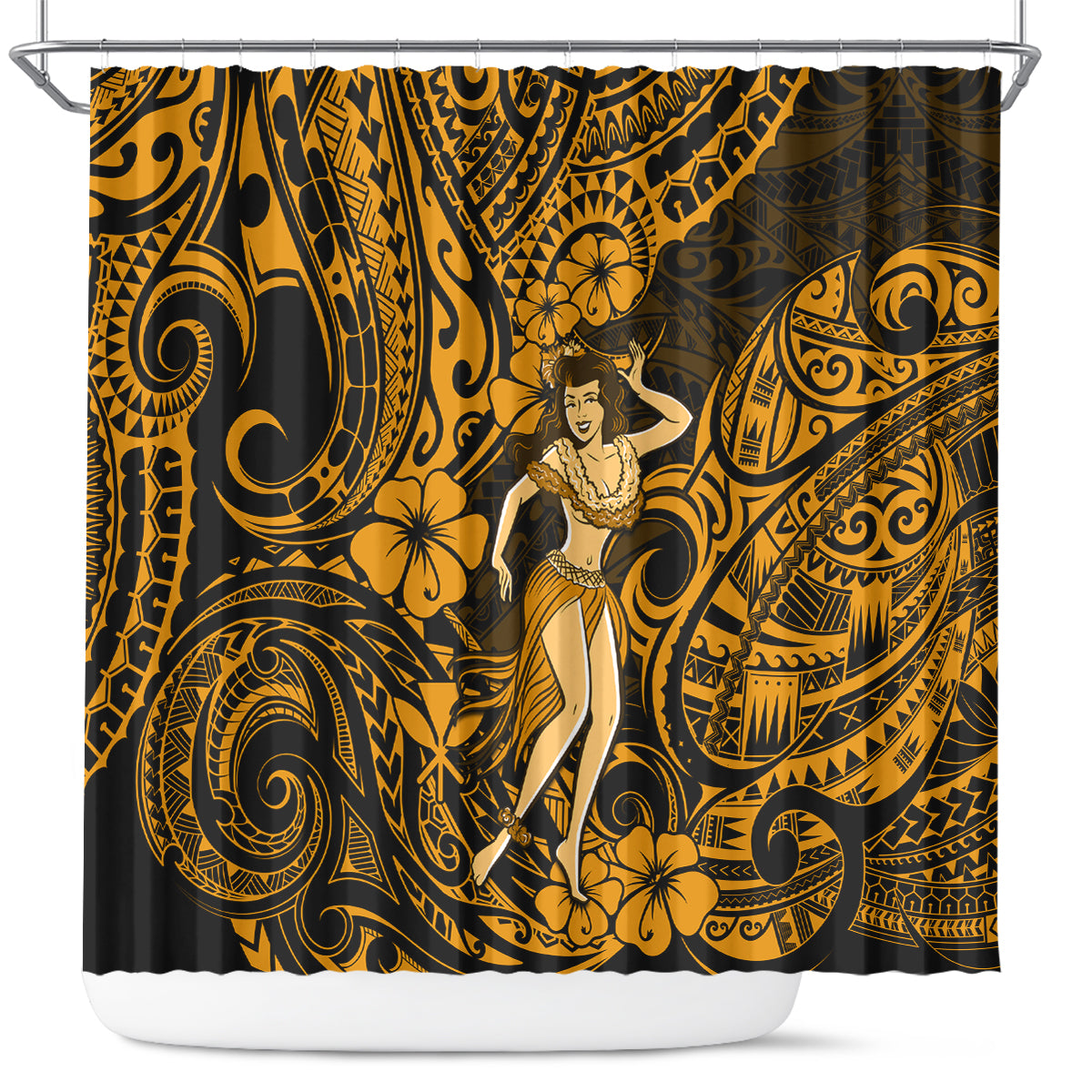 hawaii-hula-girl-shower-curtain-polynesian-pattern-gold-version