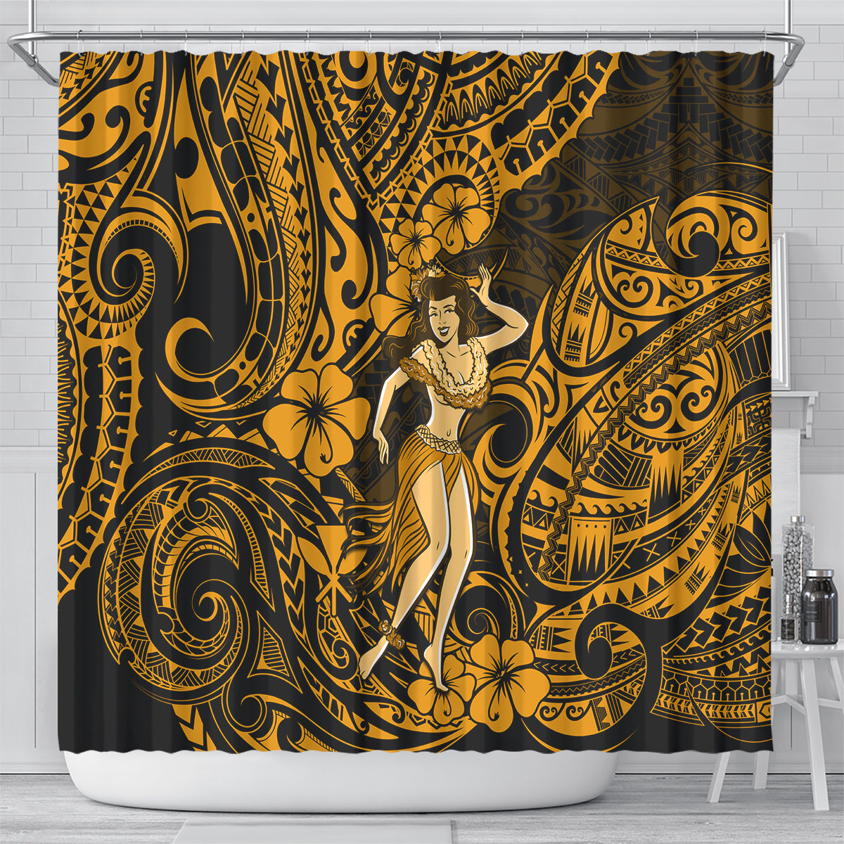 hawaii-hula-girl-shower-curtain-polynesian-pattern-gold-version