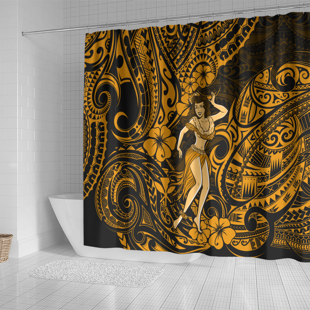 hawaii-hula-girl-shower-curtain-polynesian-pattern-gold-version
