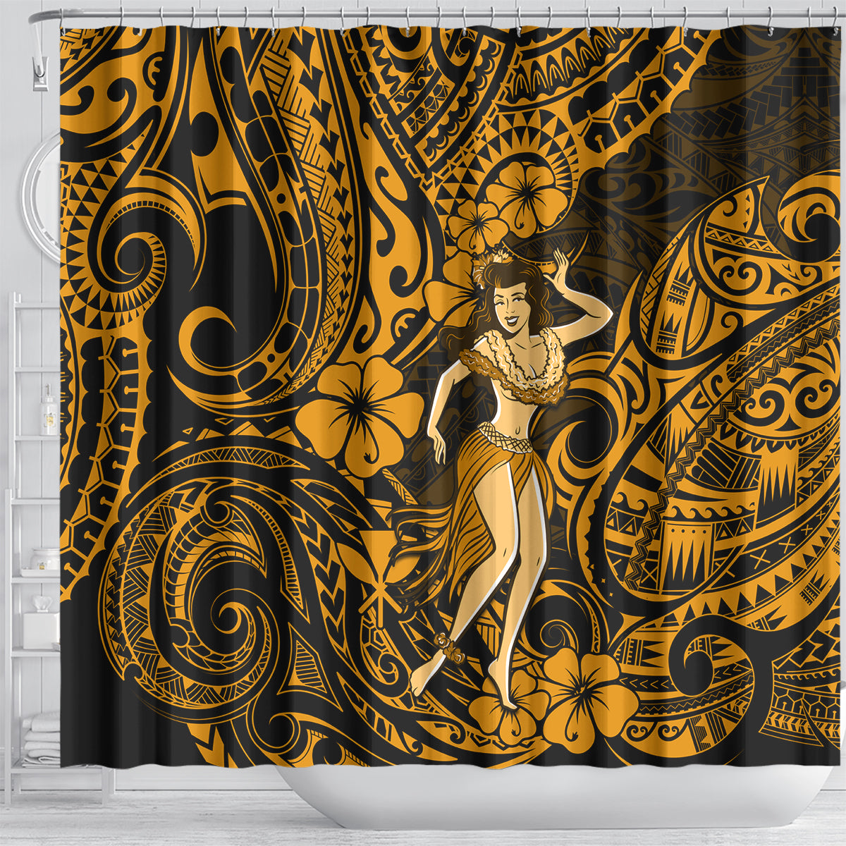 hawaii-hula-girl-shower-curtain-polynesian-pattern-gold-version