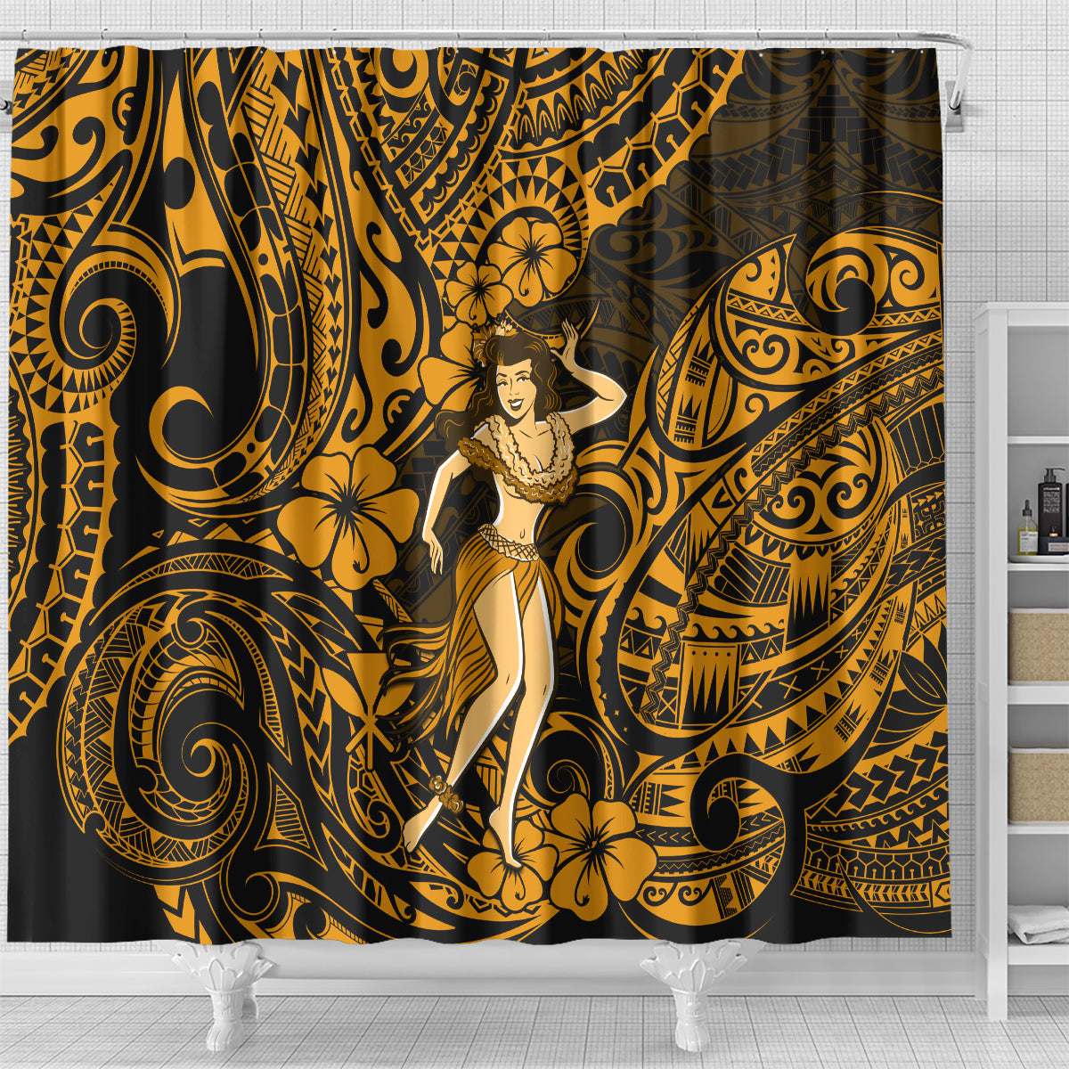 hawaii-hula-girl-shower-curtain-polynesian-pattern-gold-version