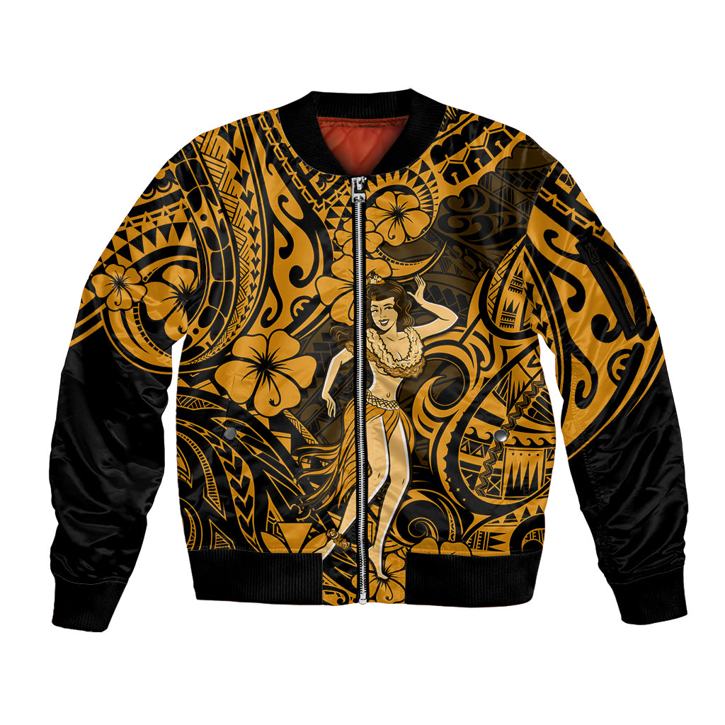 Hawaii Hula Girl Sleeve Zip Bomber Jacket Polynesian Pattern Gold Version - Wonder Print Shop