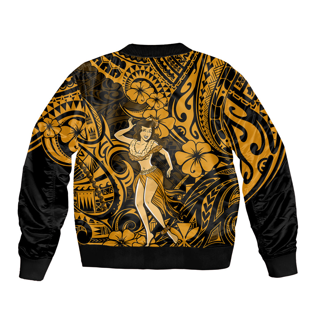 Hawaii Hula Girl Sleeve Zip Bomber Jacket Polynesian Pattern Gold Version - Wonder Print Shop
