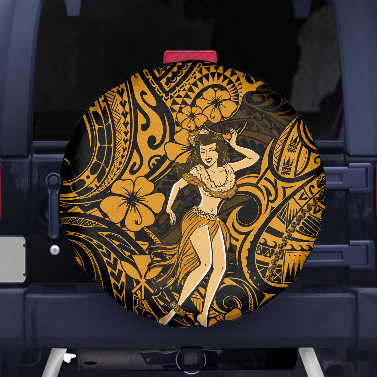 Hawaii Hula Girl Spare Tire Cover Polynesian Pattern Gold Version - Wonder Print Shop