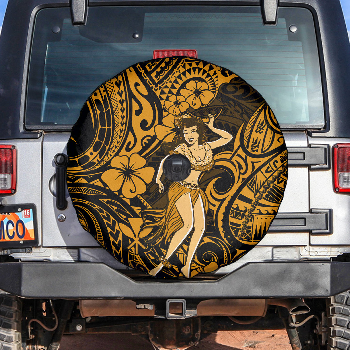 Hawaii Hula Girl Spare Tire Cover Polynesian Pattern Gold Version - Wonder Print Shop