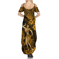 Hawaii Hula Girl Summer Maxi Dress Polynesian Pattern Gold Version - Wonder Print Shop