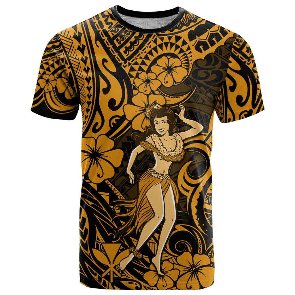 Hawaii Hula Girl T Shirt Polynesian Pattern Gold Version - Wonder Print Shop