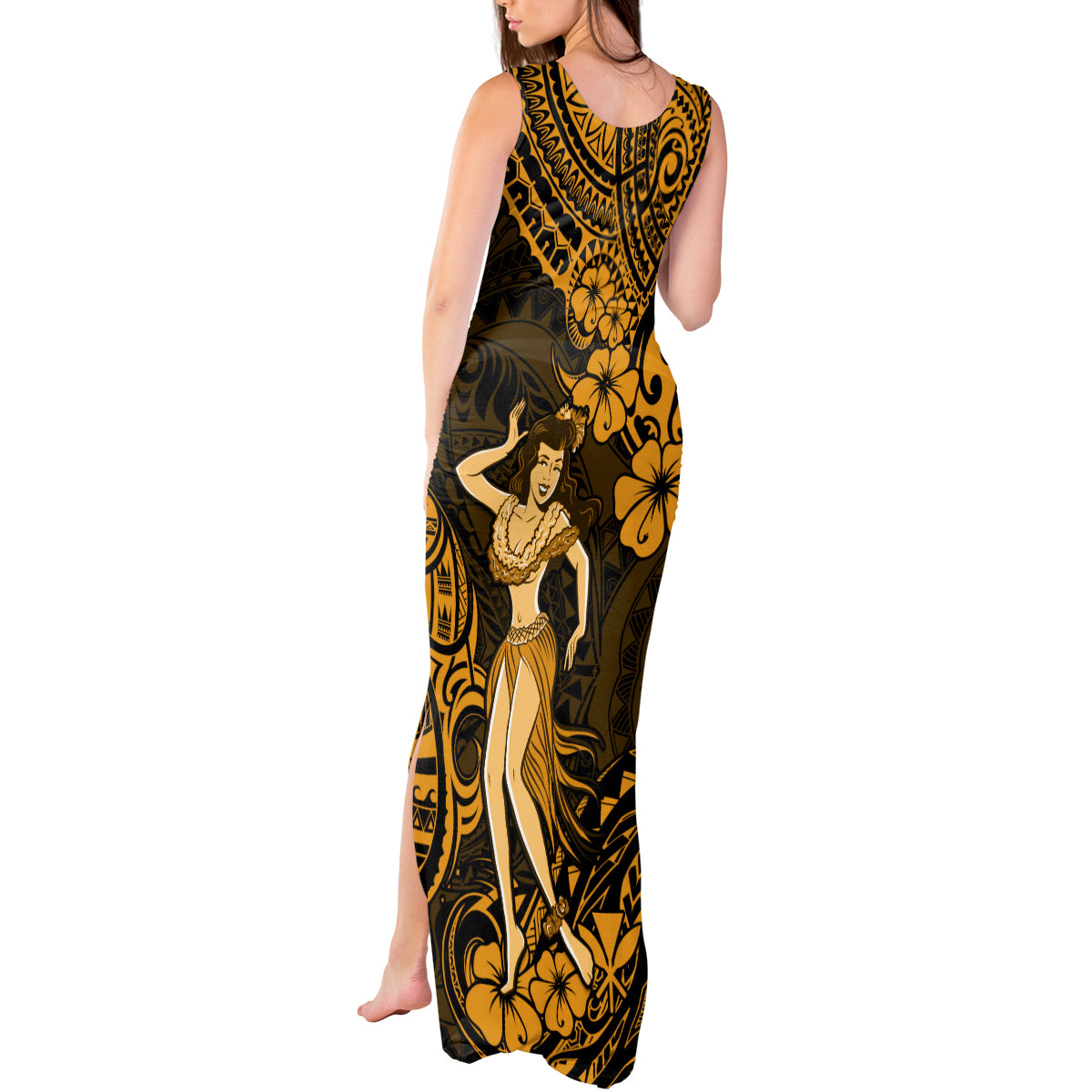 Hawaii Hula Girl Tank Maxi Dress Polynesian Pattern Gold Version - Wonder Print Shop