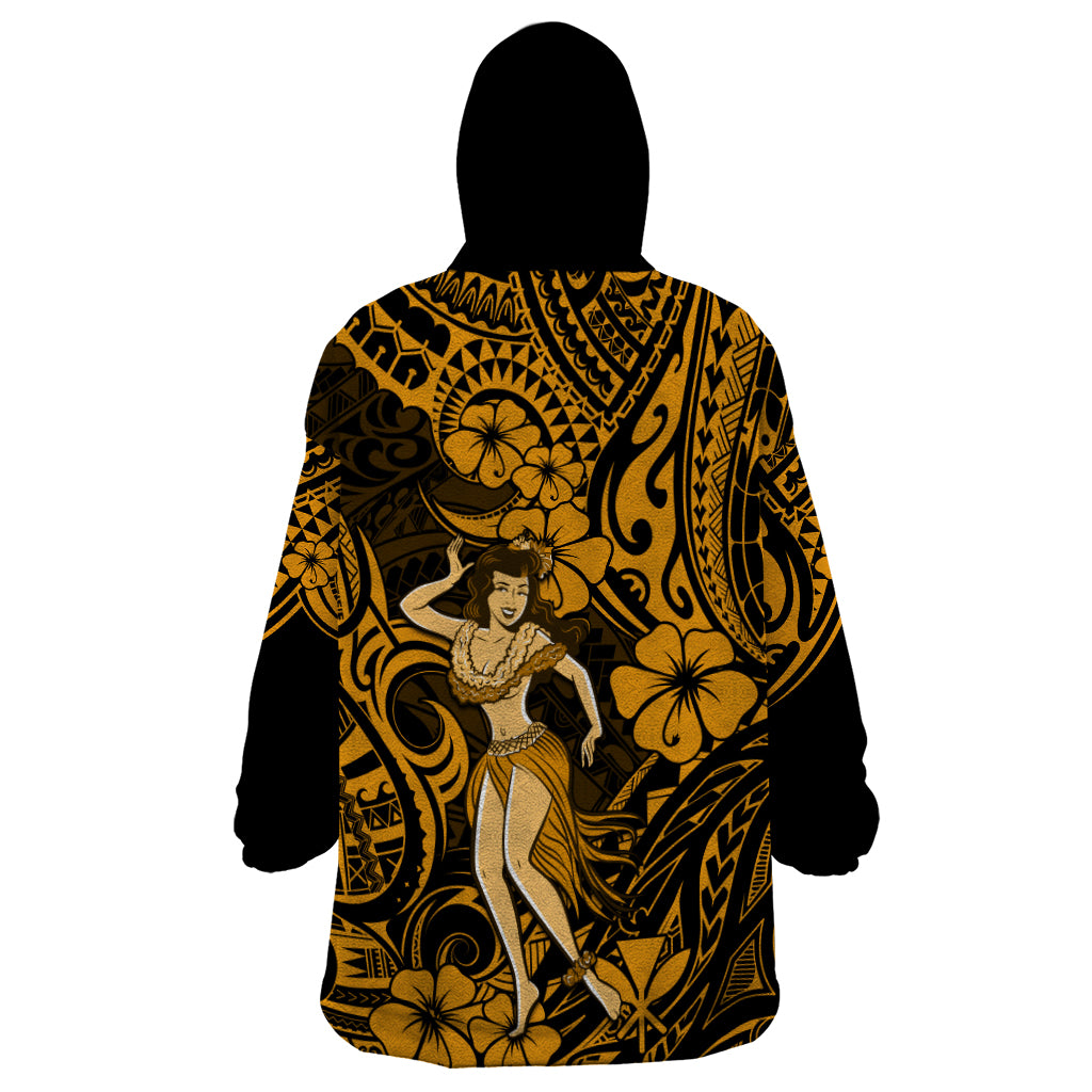 Hawaii Hula Girl Wearable Blanket Hoodie Polynesian Pattern Gold Version - Wonder Print Shop