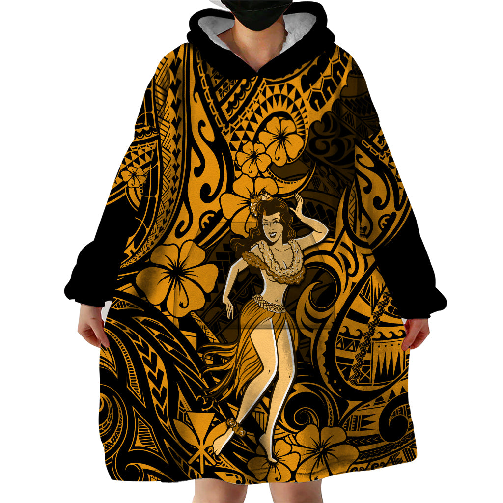 Hawaii Hula Girl Wearable Blanket Hoodie Polynesian Pattern Gold Version - Wonder Print Shop