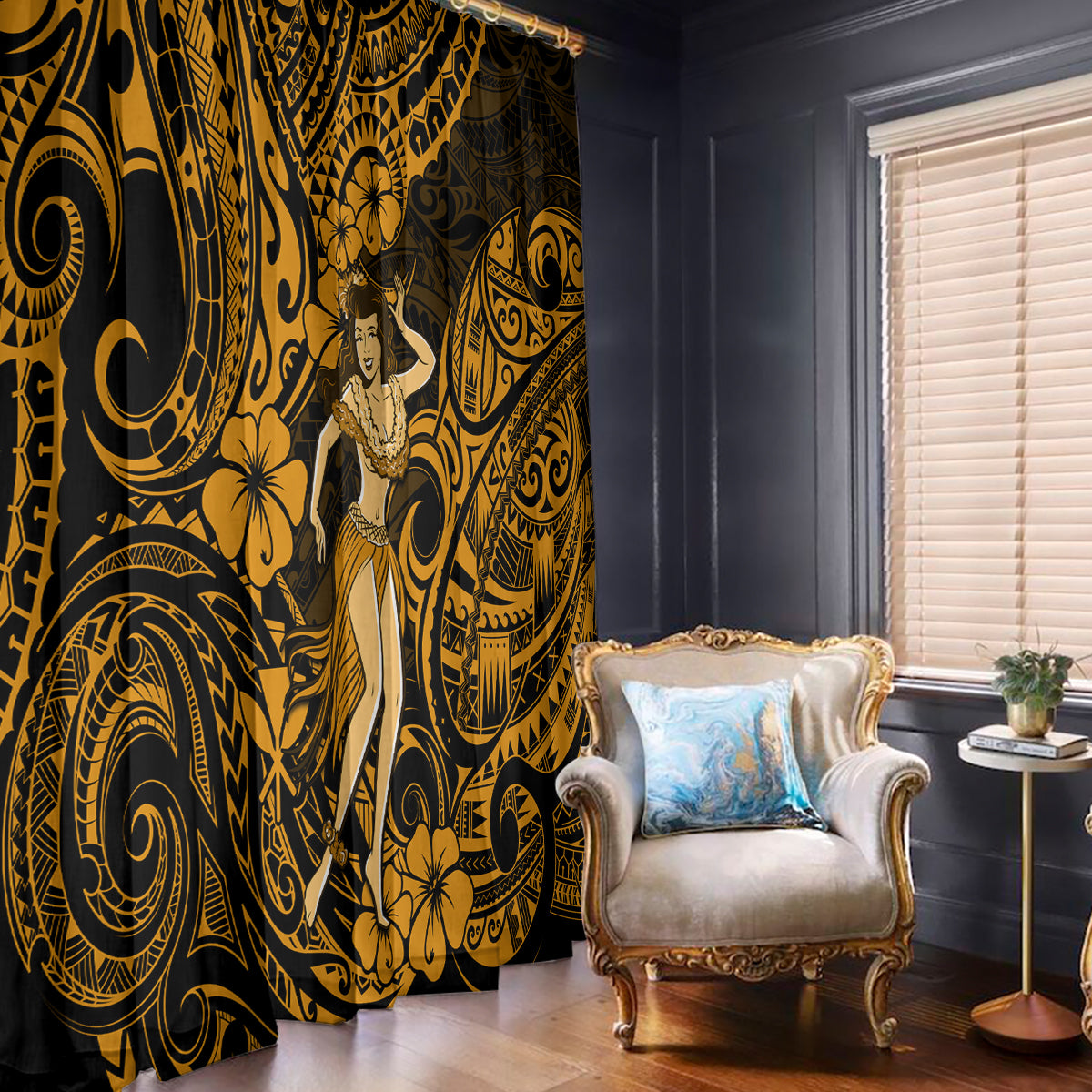Hawaii Hula Girl Window Curtain Polynesian Pattern Gold Version - Wonder Print Shop