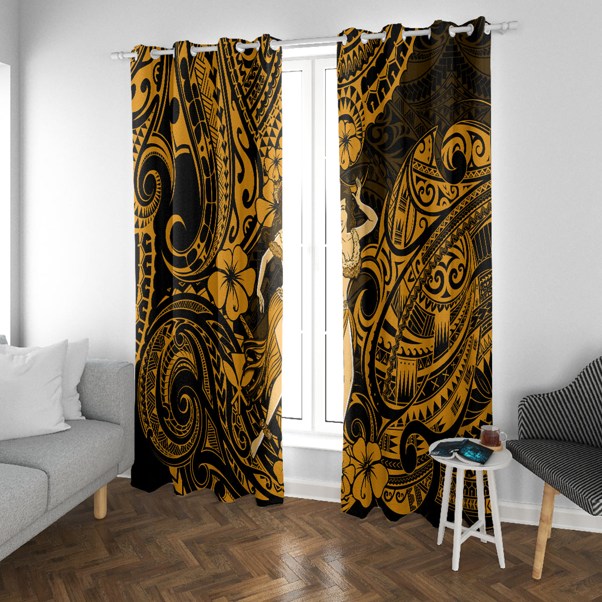 Hawaii Hula Girl Window Curtain Polynesian Pattern Gold Version - Wonder Print Shop