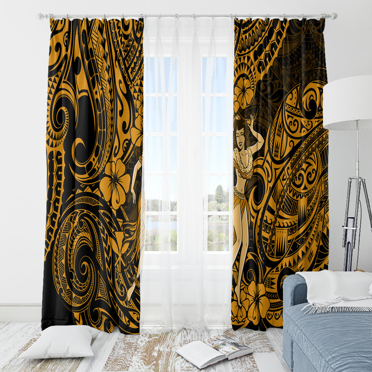 Hawaii Hula Girl Window Curtain Polynesian Pattern Gold Version - Wonder Print Shop