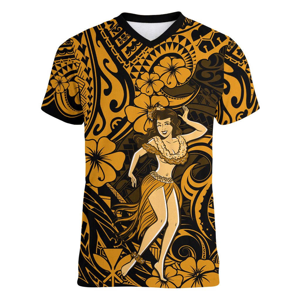 Hawaii Hula Girl Women V Neck T Shirt Polynesian Pattern Gold Version - Wonder Print Shop