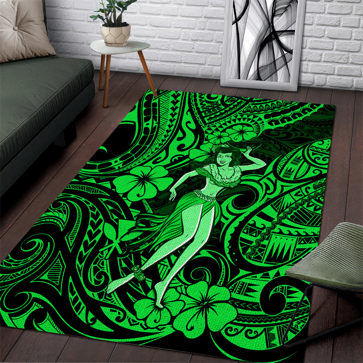 hawaii-hula-girl-area-rug-polynesian-pattern-green-version