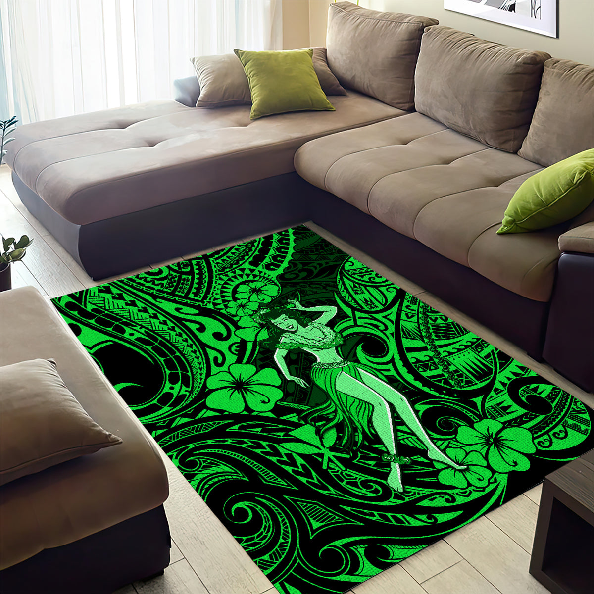 Hawaii Hula Girl Area Rug Polynesian Pattern Green Version - Wonder Print Shop
