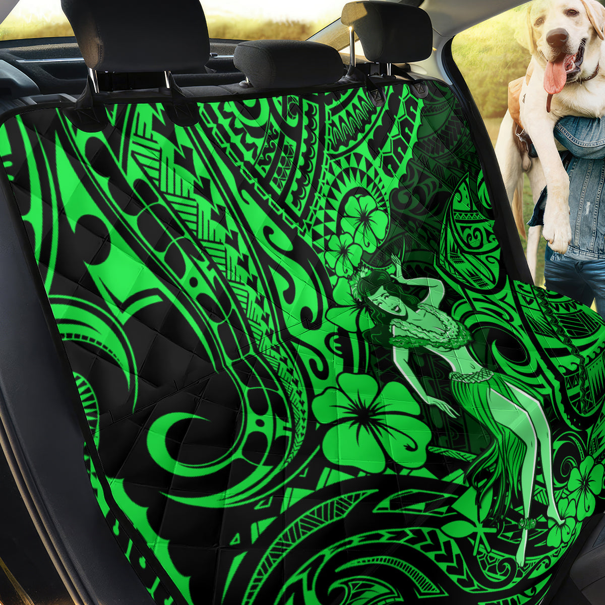 Hawaii Hula Girl Back Car Seat Cover Polynesian Pattern Green Version - Wonder Print Shop