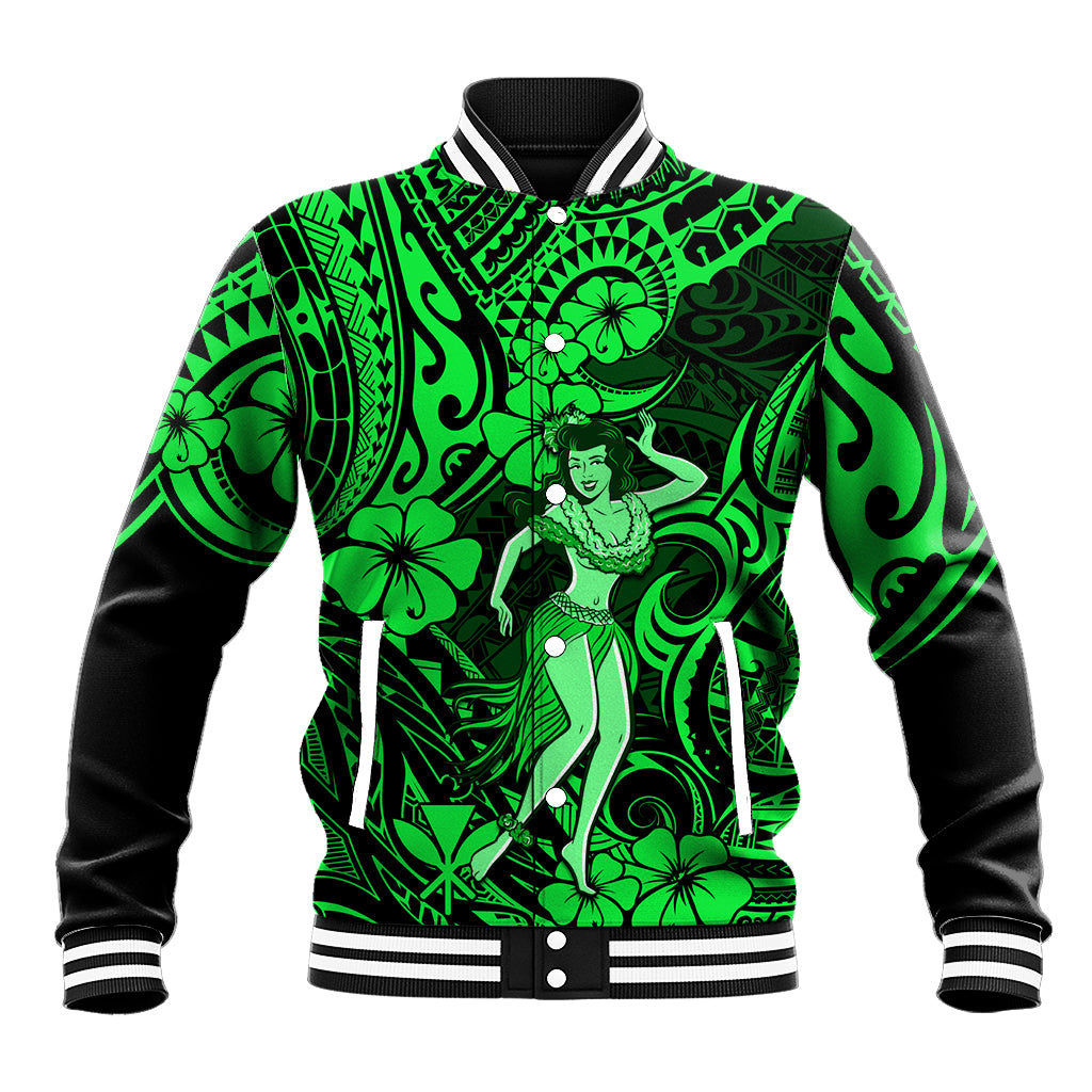 Hawaii Hula Girl Baseball Jacket Polynesian Pattern Green Version - Wonder Print Shop