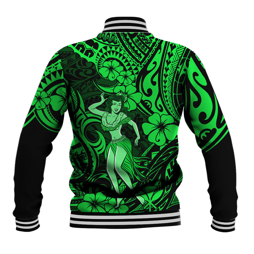 Hawaii Hula Girl Baseball Jacket Polynesian Pattern Green Version - Wonder Print Shop