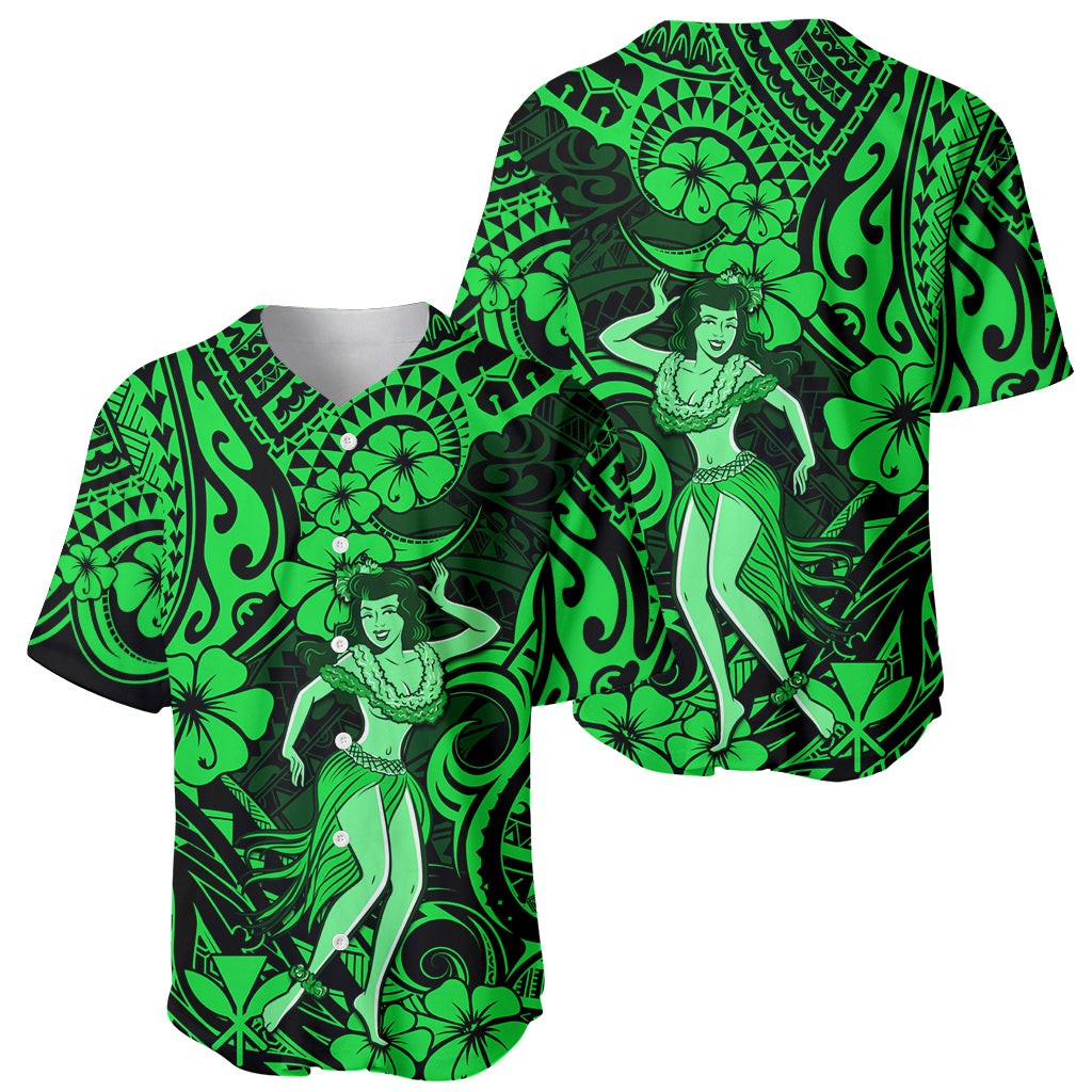 Hawaii Hula Girl Baseball Jersey Polynesian Pattern Green Version - Wonder Print Shop