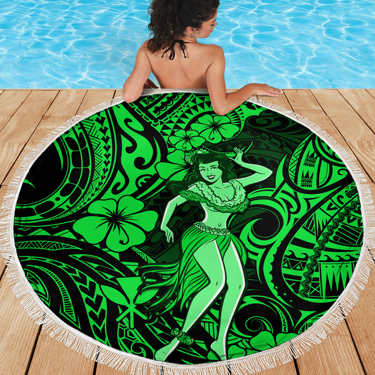 Hawaii Hula Girl Beach Blanket Polynesian Pattern Green Version - Wonder Print Shop