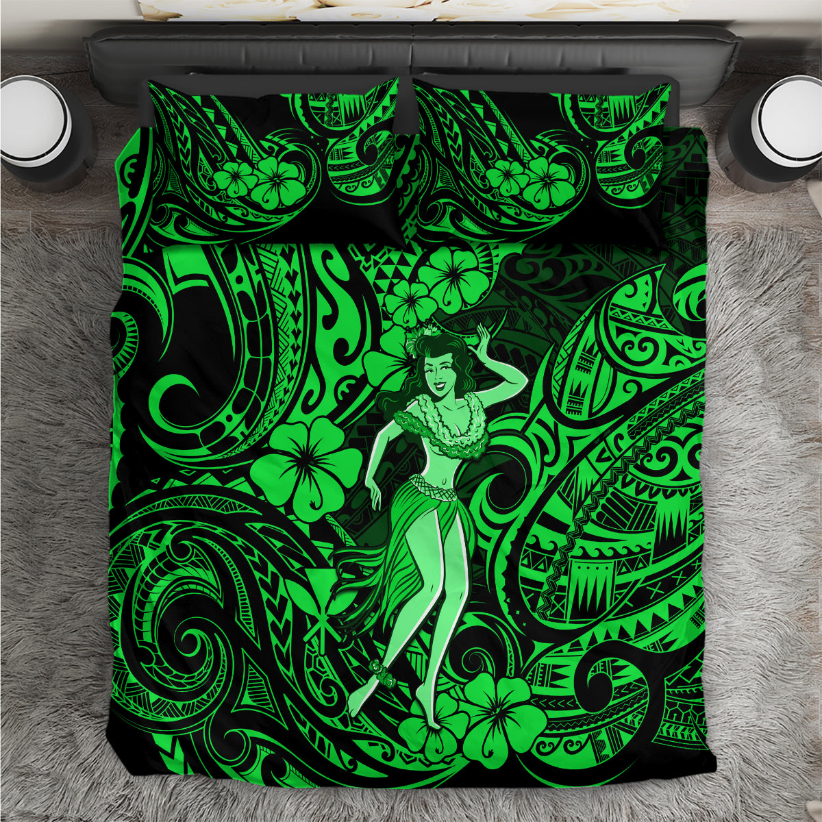 Hawaii Hula Girl Bedding Set Polynesian Pattern Green Version - Wonder Print Shop