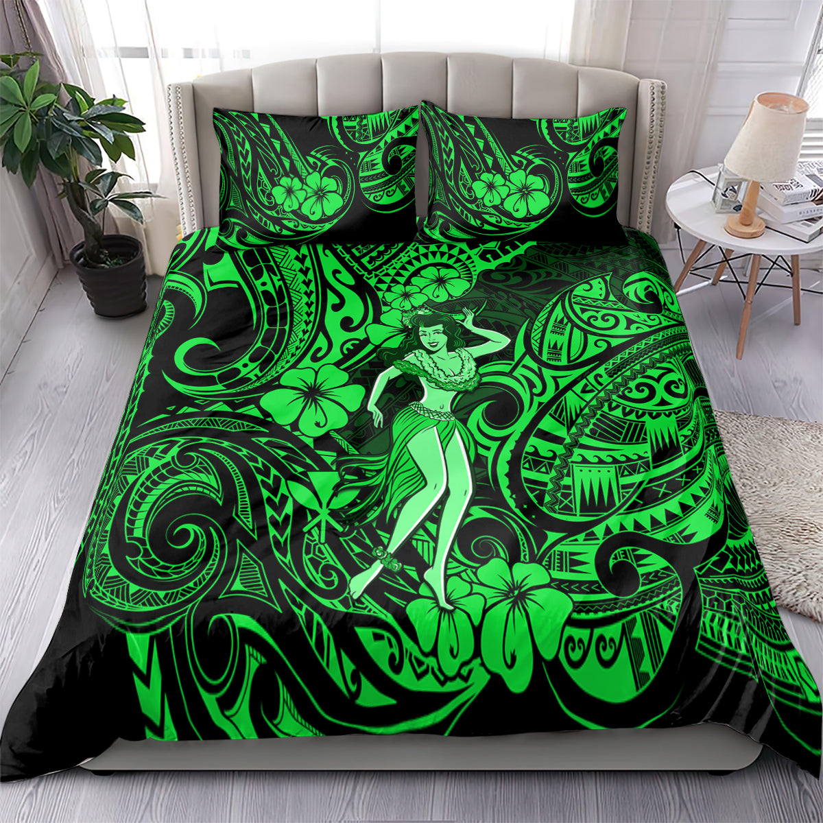 Hawaii Hula Girl Bedding Set Polynesian Pattern Green Version - Wonder Print Shop