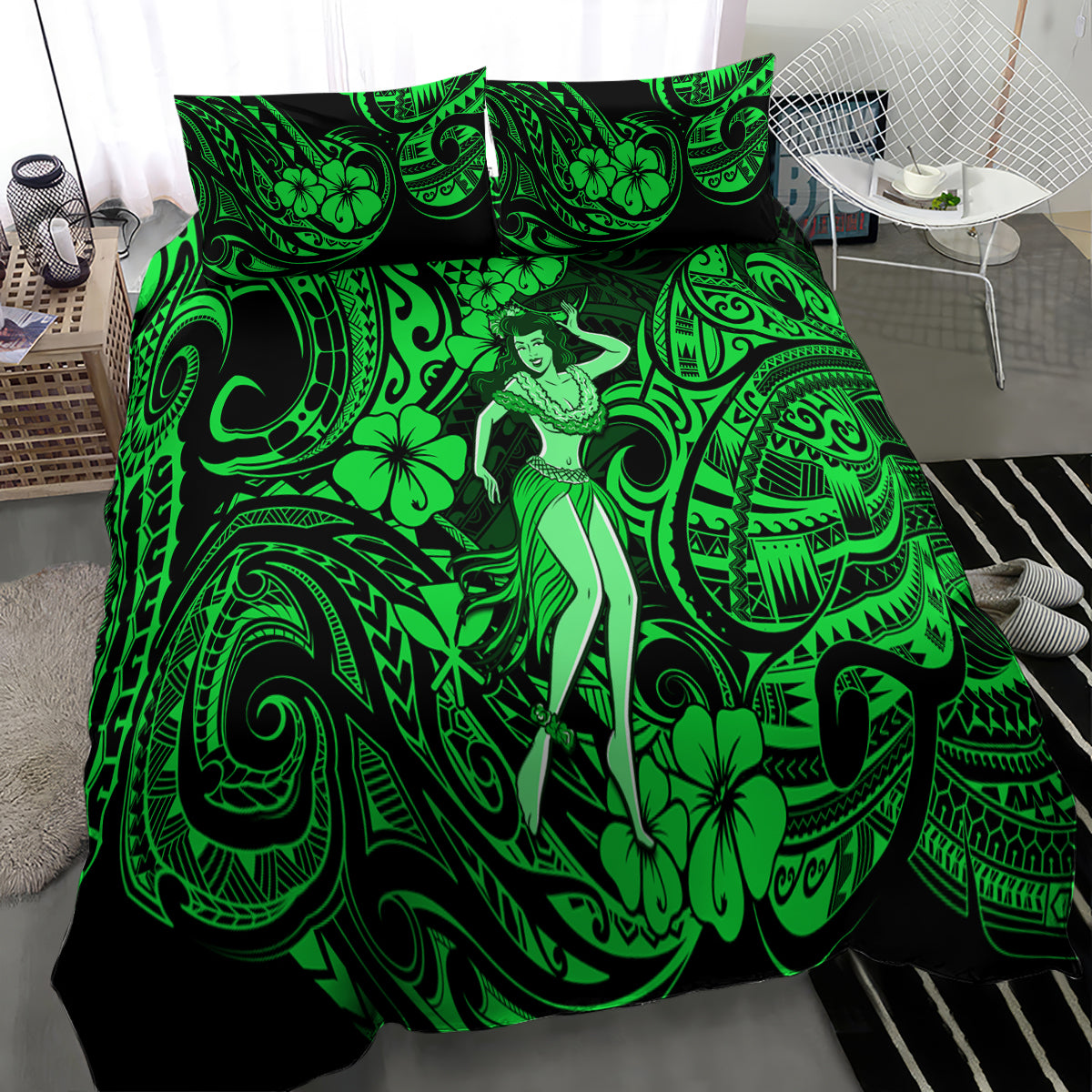 Hawaii Hula Girl Bedding Set Polynesian Pattern Green Version - Wonder Print Shop