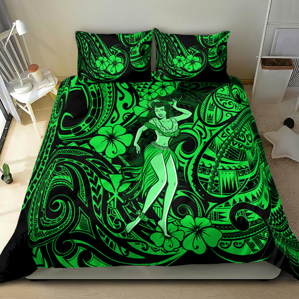 Hawaii Hula Girl Bedding Set Polynesian Pattern Green Version - Wonder Print Shop