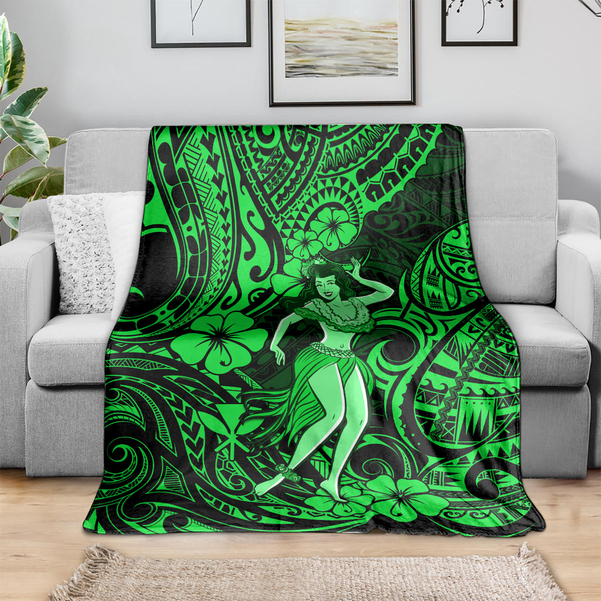 hawaii-hula-girl-blanket-polynesian-pattern-green-version