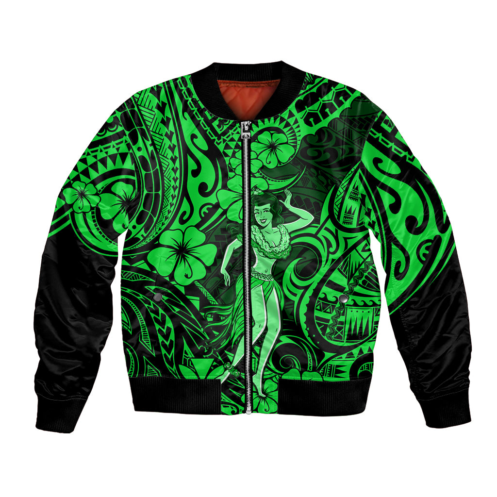 Hawaii Hula Girl Bomber Jacket Polynesian Pattern Green Version - Wonder Print Shop