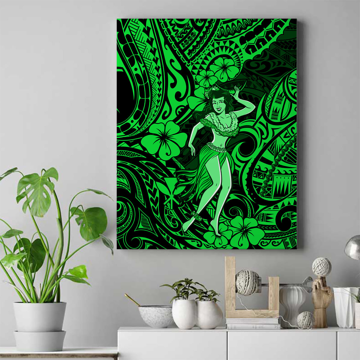 Hawaii Hula Girl Canvas Wall Art Polynesian Pattern Green Version - Wonder Print Shop