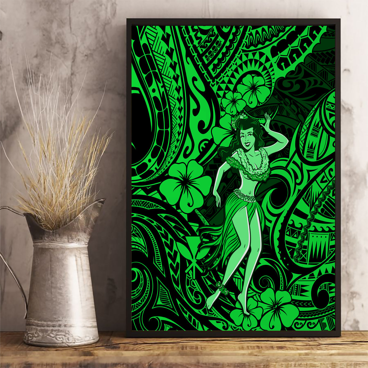 Hawaii Hula Girl Canvas Wall Art Polynesian Pattern Green Version - Wonder Print Shop
