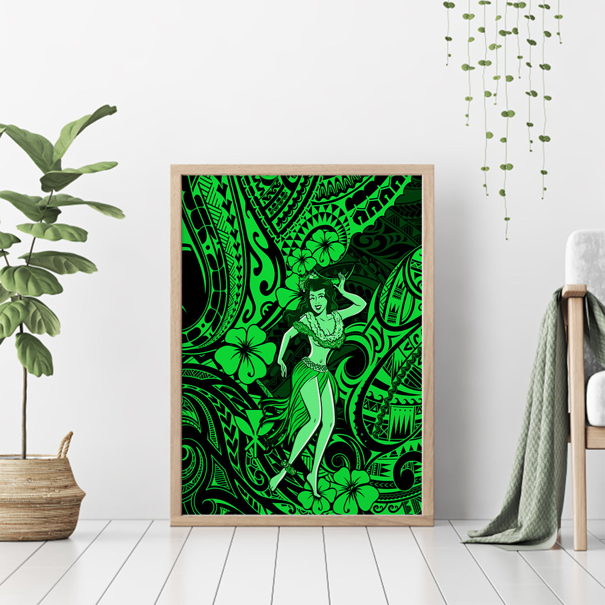 Hawaii Hula Girl Canvas Wall Art Polynesian Pattern Green Version - Wonder Print Shop