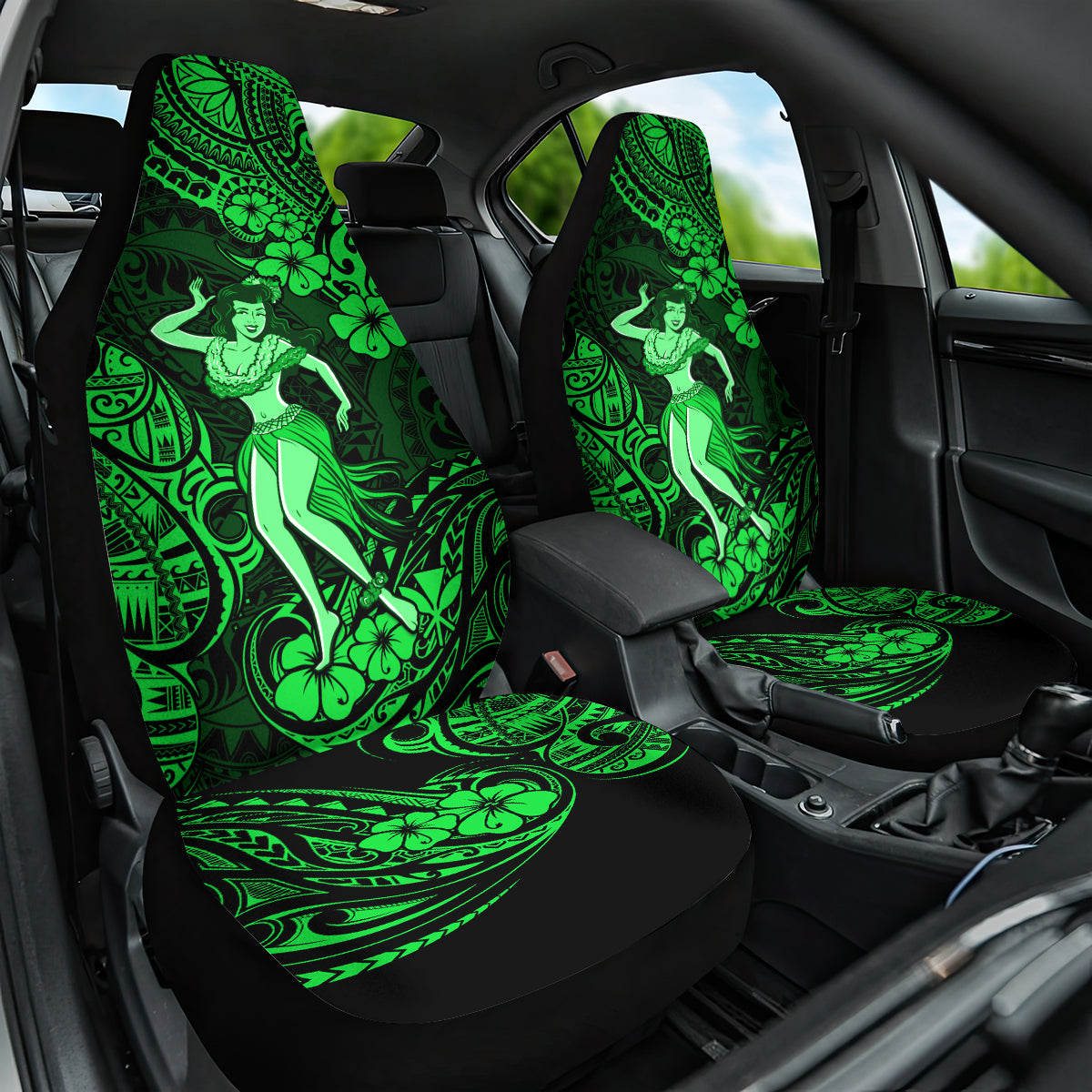 Hawaii Hula Girl Car Seat Cover Polynesian Pattern Green Version - Wonder Print Shop