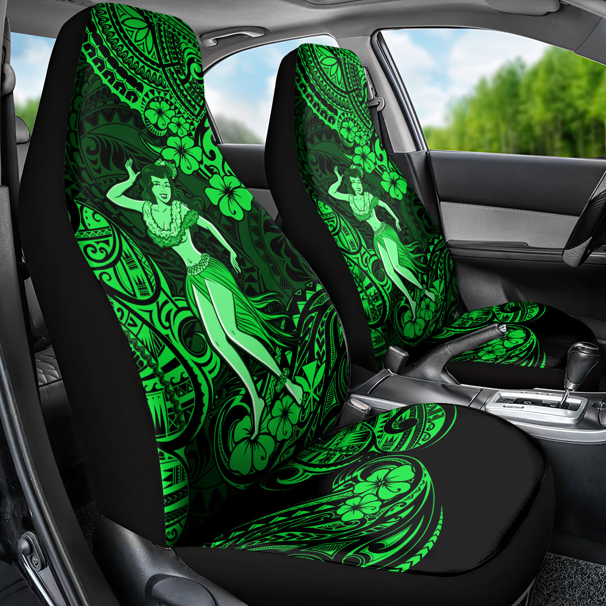 Hawaii Hula Girl Car Seat Cover Polynesian Pattern Green Version - Wonder Print Shop