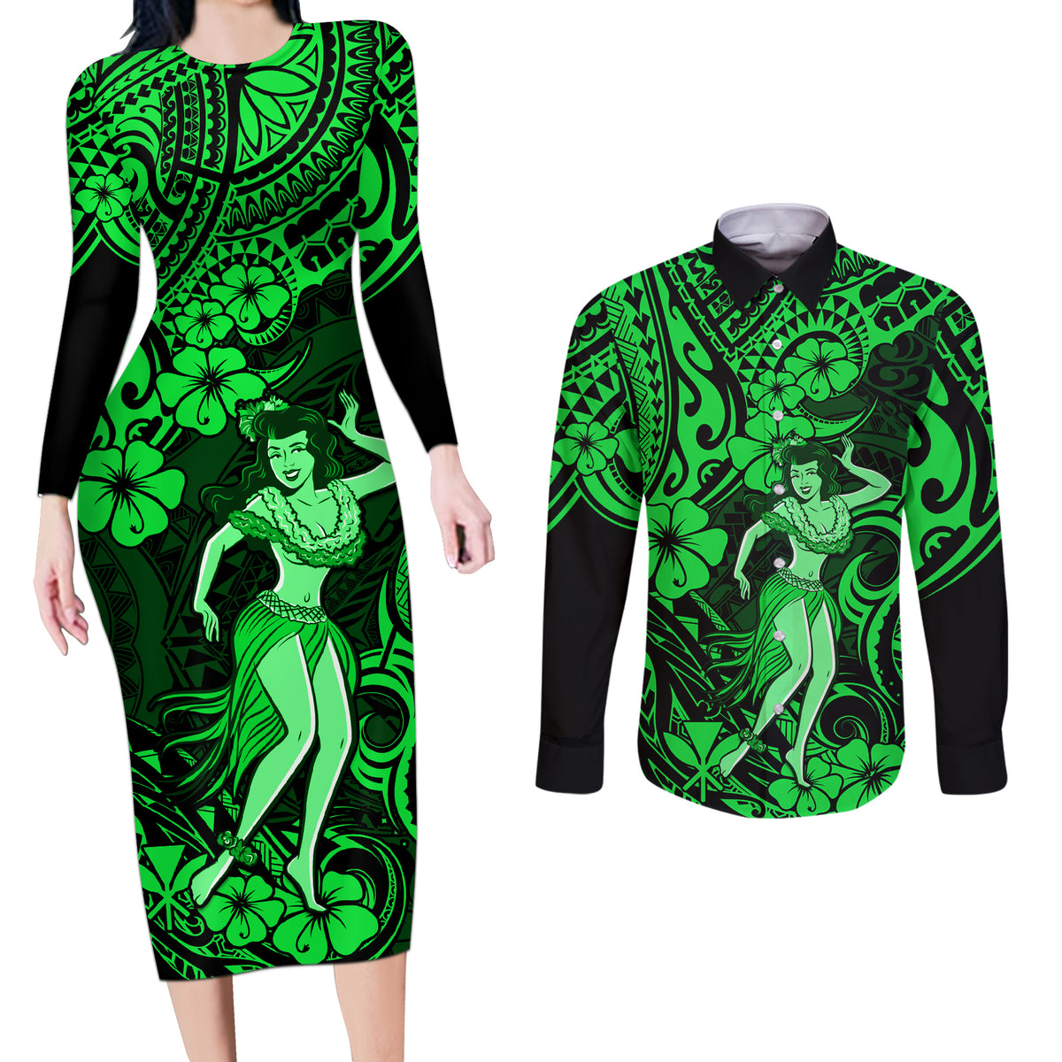 Hawaii Hula Girl Couples Matching Long Sleeve Bodycon Dress and Long Sleeve Button Shirts Polynesian Pattern Green Version - Wonder Print Shop