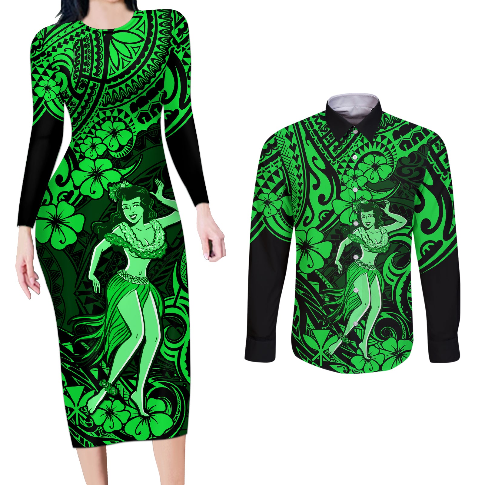 Hawaii Hula Girl Couples Matching Long Sleeve Bodycon Dress and Long Sleeve Button Shirts Polynesian Pattern Green Version - Wonder Print Shop