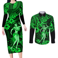 Hawaii Hula Girl Couples Matching Long Sleeve Bodycon Dress and Long Sleeve Button Shirts Polynesian Pattern Green Version - Wonder Print Shop