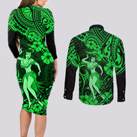 Hawaii Hula Girl Couples Matching Long Sleeve Bodycon Dress and Long Sleeve Button Shirts Polynesian Pattern Green Version - Wonder Print Shop