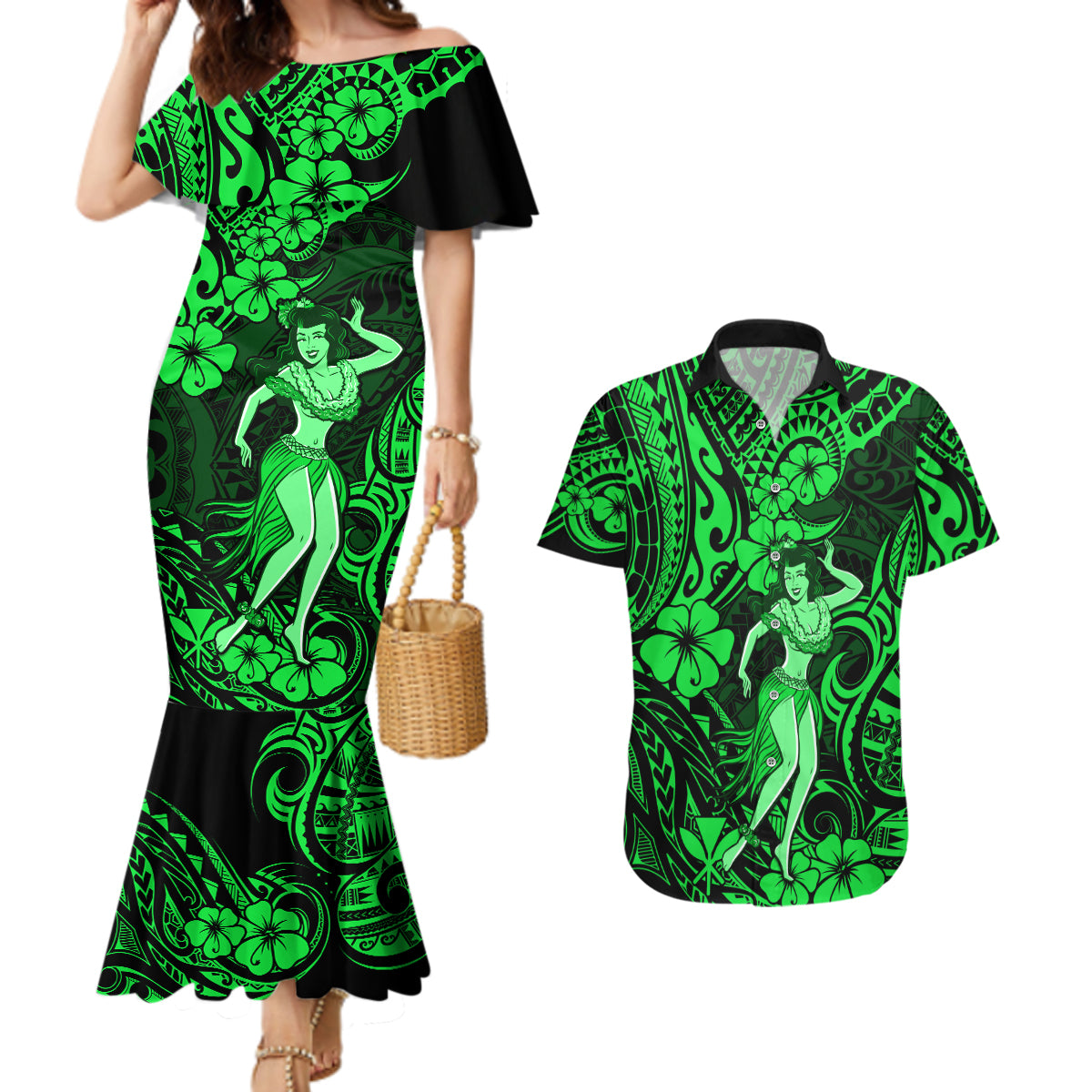 Hawaii Hula Girl Couples Matching Mermaid Dress and Hawaiian Shirt Polynesian Pattern Green Version - Wonder Print Shop