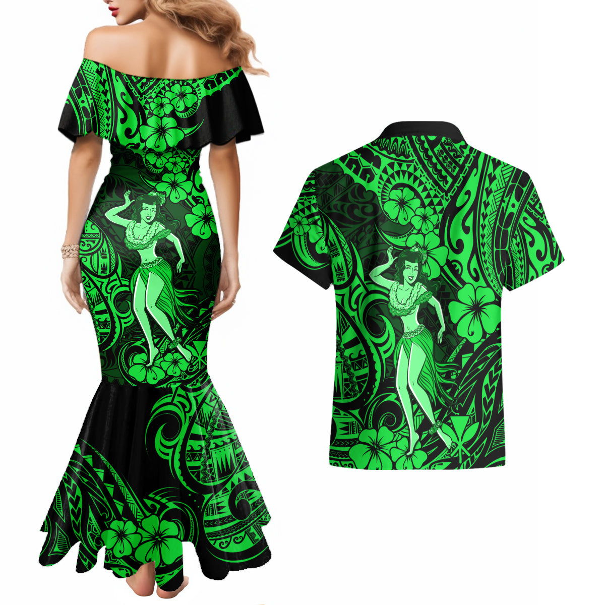Hawaii Hula Girl Couples Matching Mermaid Dress and Hawaiian Shirt Polynesian Pattern Green Version - Wonder Print Shop